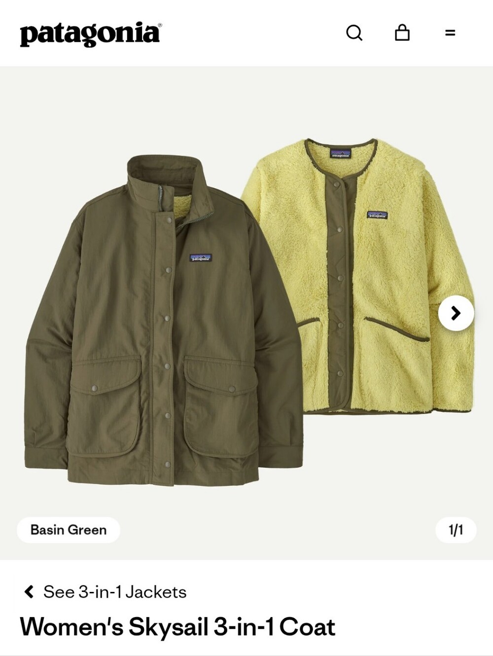 New Patagonia Large 3 In 1 Basin Green Skysail Jacket Coat Fall Fleece Womens